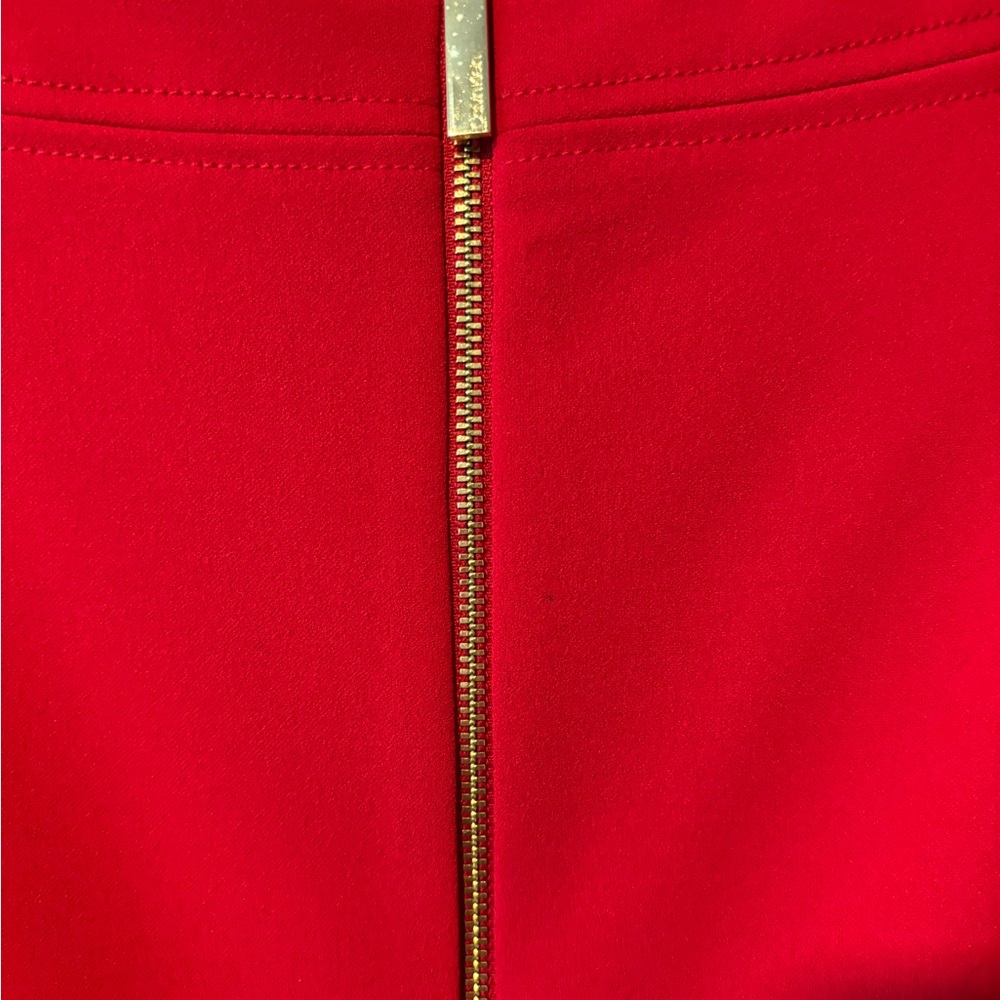 Red Calvin Klein dress with tulip sleeves and ruching at waist with gold zipper